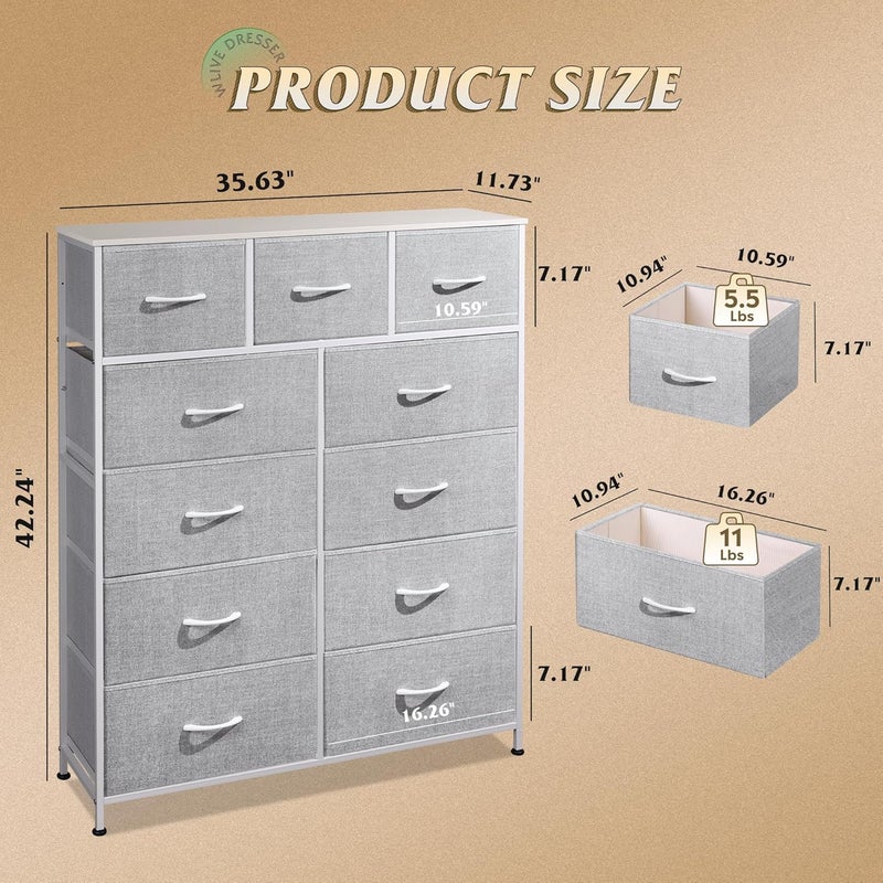 Wlive Storage Organizer Unit with 11 Fabric Bins, Storage Drawers Organizer with Steel Frame, Tall Storage Tower Organizaton for Living Room, Hallway, Office, Light Grey - Image 3